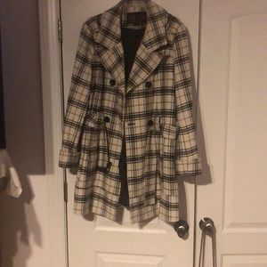 Black and cream plaid pea coat